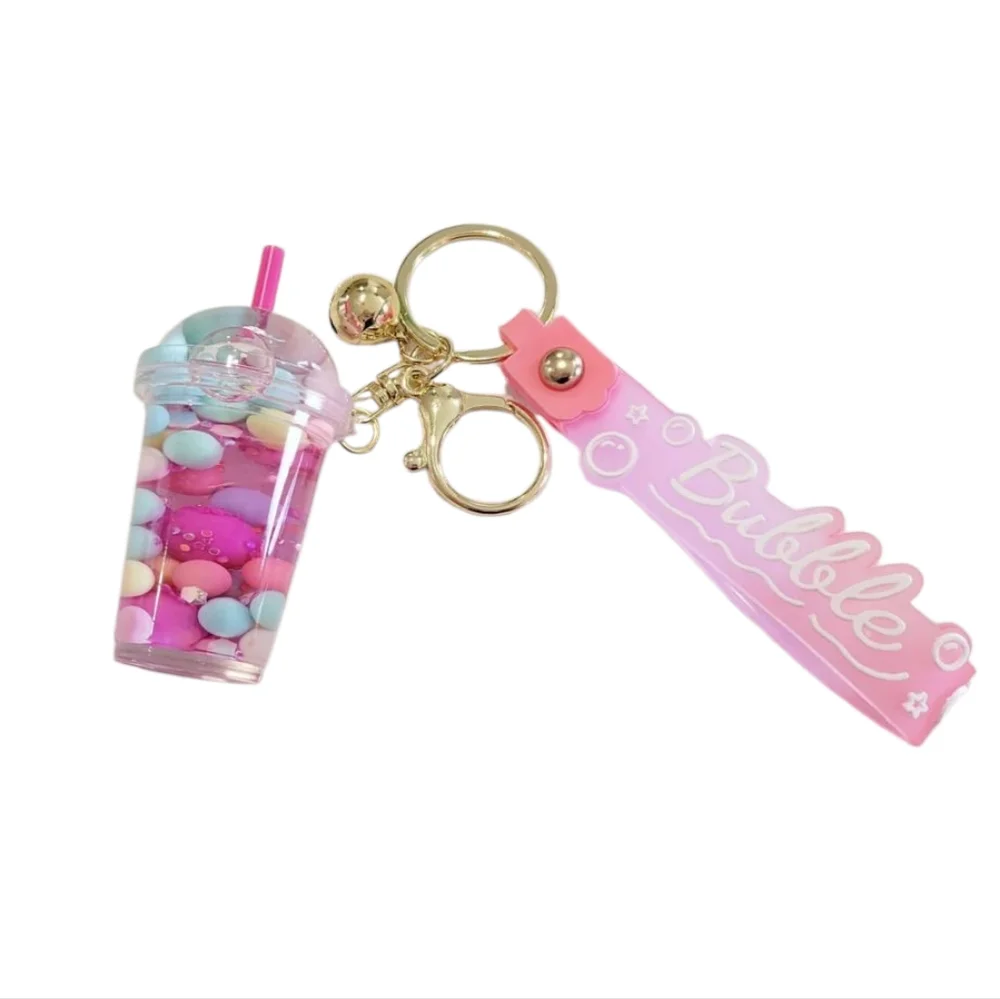 Pink Pearl Bubble Milk Tea‎ Keychain with Gold Accents Boba Drink Purse Charm